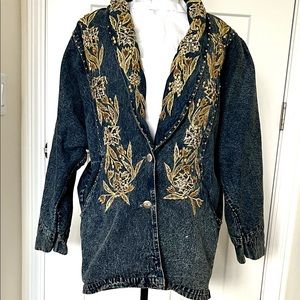 VTG Acid Washed Embroidered Denim Oversized Duster Jacket Sz XL